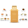 A golden-yellow perfume bottle labeled 'SHAGHAF VANILLA TOFFEE' centered on a white background, surrounded by illustrated scent ingredients and labels such as buttery toffee, arabica coffee, vanilla, cardamom, musk, woods, tonka bean, and date milk.