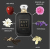 A perfume bottle labeled KAY ALI ELIXIR | 11 centered on a dark gray background, surrounded by ingredient illustrations and names: red apple, rose de mai absolute, jasmine sambac absolute, patchouli, vanilla, and musk.