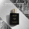 Bella Vita Luxury CEO Man perfume bottle on a cityscape background with text 'Master Every Moment'.