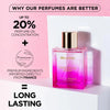 Bellavita Senorita Woman Eau de Parfum bottle in a vibrant pink glass with a gold cap, set against a white pedestal with promotional text on a pink background.