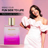 Bellavita Senorita Woman perfume bottle with a woman in a white dress on a pink background