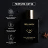 Black perfume bottle labeled BELLAVITA CEO MAN Eau De Parfum on a dark background, with 'PERFUME NOTES' text and three scent notes shown on the left: Citrus, Aromatic, and Woody. A star anise is placed on the right side.