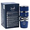 Blue and silver Asad perfume bottle with packaging on a white background