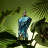 Blue perfume bottle with a green leafy background