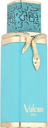 Blue perfume bottle with gold accents and 'Vulcan' branding on a light blue background