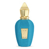 Blue perfume bottle with gold cap and label on a white background