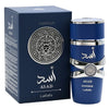 Blue perfume bottle with silver accents and matching box featuring 'ASAD' branding on a white background.