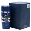 Blue perfume bottle with silver accents and matching box on a white background