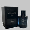 Dior Sauvage Elixir perfume bottle and packaging on a gray background