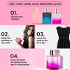 Instructions for testing perfume longevity with Bellanvei products on a pink background.