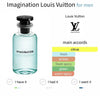 Louis Vuitton Imagination perfume bottle with color swatches and text on a white background