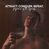 Man applying cologne with text 'Attract. Conquer. Repeat.' and 'fragrance of the legends' on a dark background