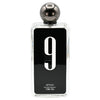 Perfume bottle with black label and silver cap on a white background