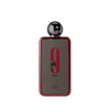 Perfume bottle with red and black design on a white background