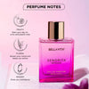 Pink Bellavita Senorita Woman perfume bottle on a pink background with notes displayed.