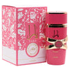 Pink Yara perfume bottle and packaging with gold accents on a white background