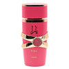 Pink and gold Lattafa Yara perfume bottle on a white background