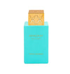 Swiss Arabian Shaghaf Oud Voltaire perfume bottle with a turquoise blue rectangular body and a gold metallic cap featuring a stylized 'S' logo, on a white background.