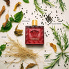 Versace perfume bottle surrounded by herbs and spices on a white background