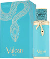 Vulcan FEU perfume bottle and packaging with snake design on a blue background