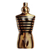 Gold and black striped perfume bottle on a white background